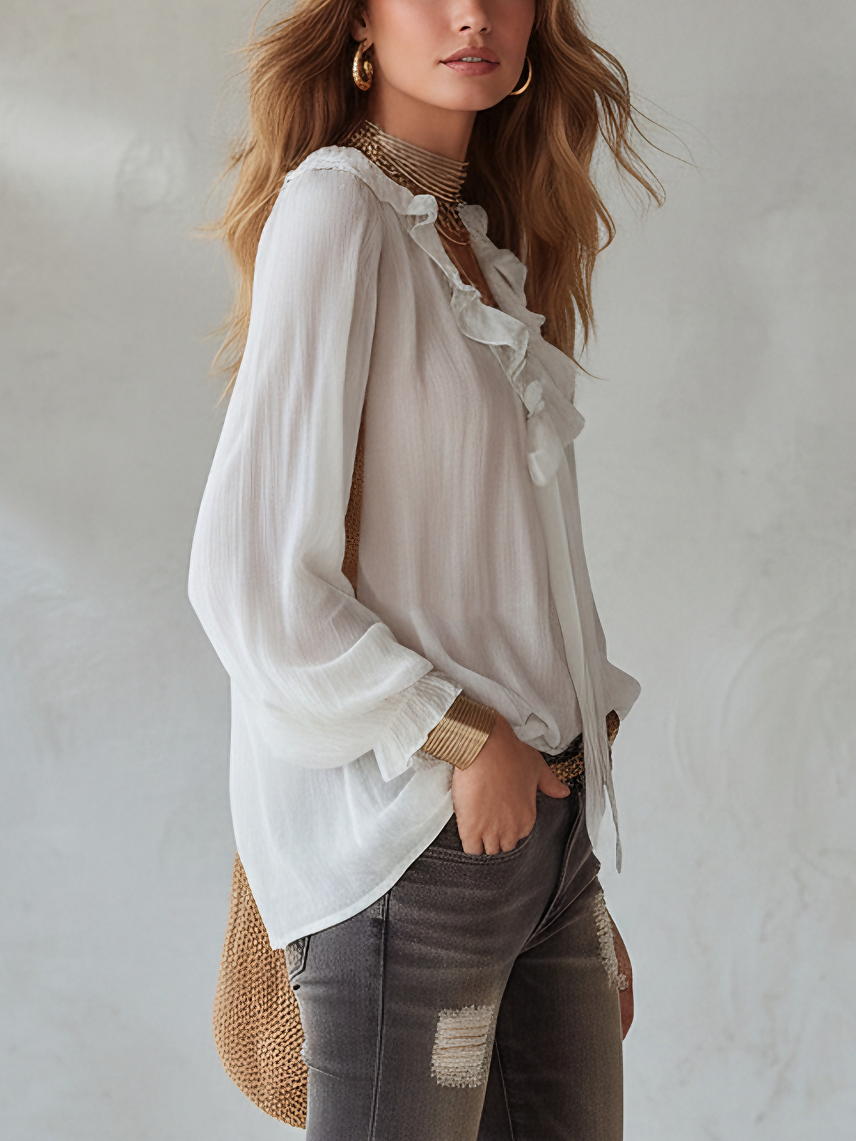 Ruffled Chiffon Long Sleeve Blouse – Relaxed Fit