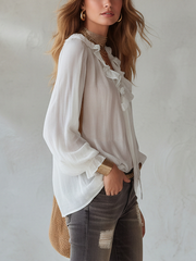 Ruffled Chiffon Long Sleeve Blouse – Relaxed Fit