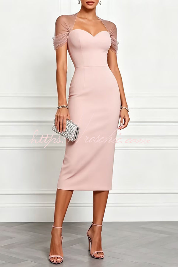 Mesh Sleeve Patchwork Sweetheart Neck Stretch Midi Dress