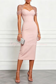 Mesh Sleeve Patchwork Sweetheart Neck Stretch Midi Dress