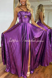 Metallic Fabric Cross-Neck Cutout Slit Pleated Maxi Dress