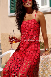 Embroidered Polka Dot Square Neck Tassel Hem Slip Maxi Dress