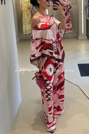 Satin Cape-Sleeve Top & Wide-Leg Pants Set | Vacation