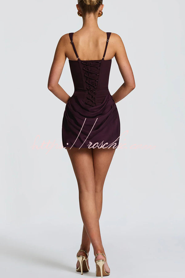 Satin Drape Square Neck Lace-Back Mini Dress