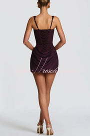 Satin Drape Square Neck Lace-Back Mini Dress