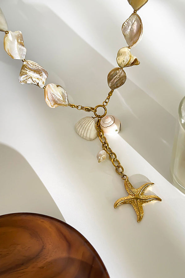 Pearl Beaded Starfish Pendant Necklace in Gold