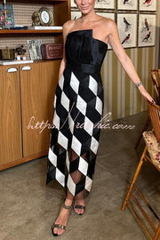 Backless Rhombus Print Midi Dress – Off Shoulder Slim Fit