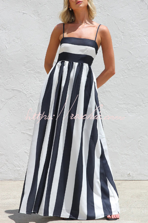 Color-Block Striped Maxi Dress with Square Neck and Pockets
