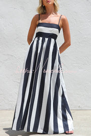 Color-Block Striped Maxi Dress with Square Neck and Pockets