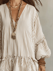 Ruffled Boho Mini Dress in Sand Stripe | Long Sleeve