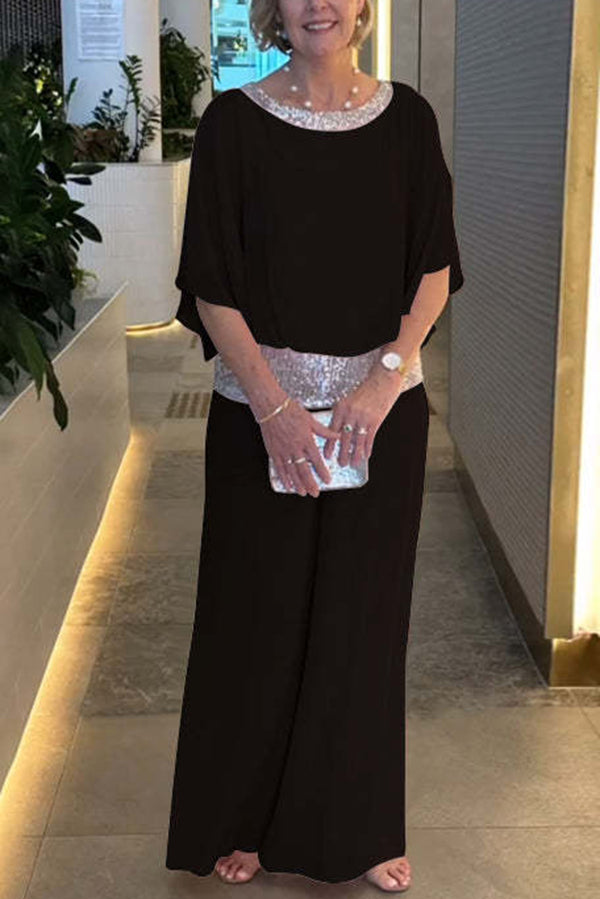 Sequin Patchwork Dolman Sleeve Top & Wide Leg Pants Set