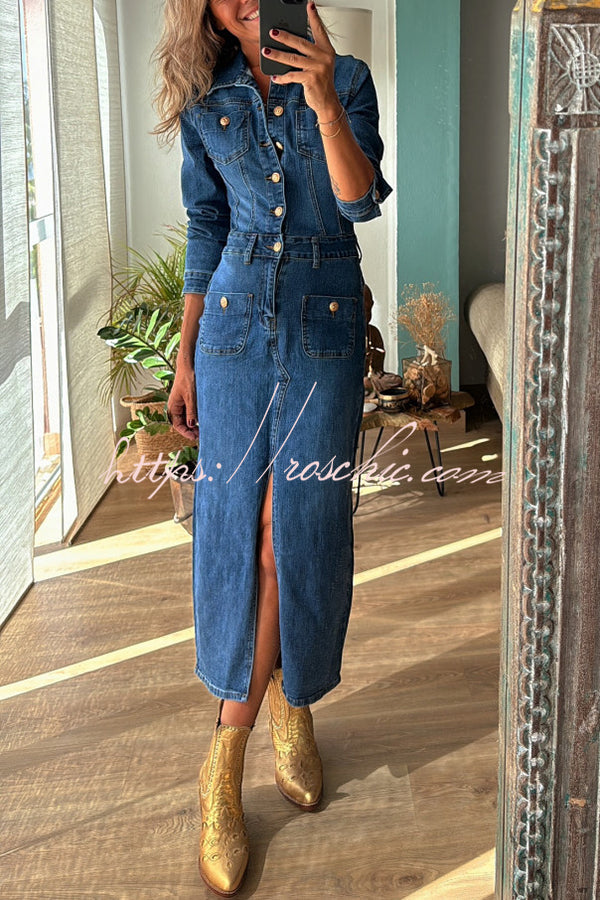 Denim Midi Dress with Button-Zip Shirt Neck & Pencil Slit