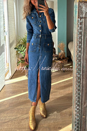Denim Midi Dress with Button-Zip Shirt Neck & Pencil Slit