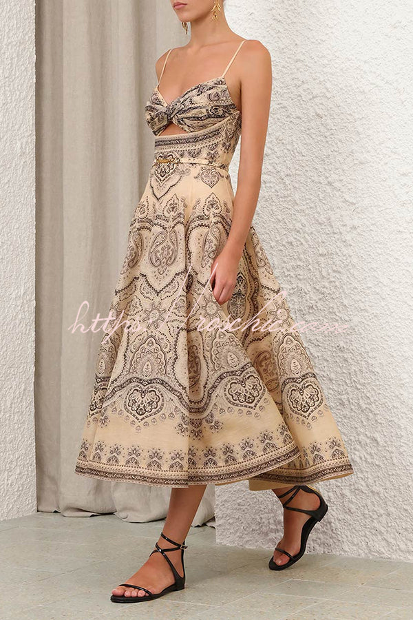 Robe midi smockée en lin mélangé à motif cachemire torsadé dans le dos