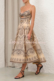 Robe midi smockée en lin mélangé à motif cachemire torsadé dans le dos