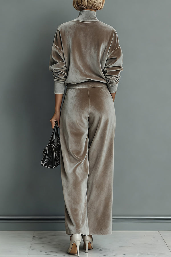 Velvet Turtleneck Top & Wide-Leg Pants Set – Loose Fit