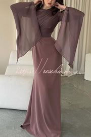 Ruched Organza Satin Patchwork Maxi Dress with Bell Sleeves