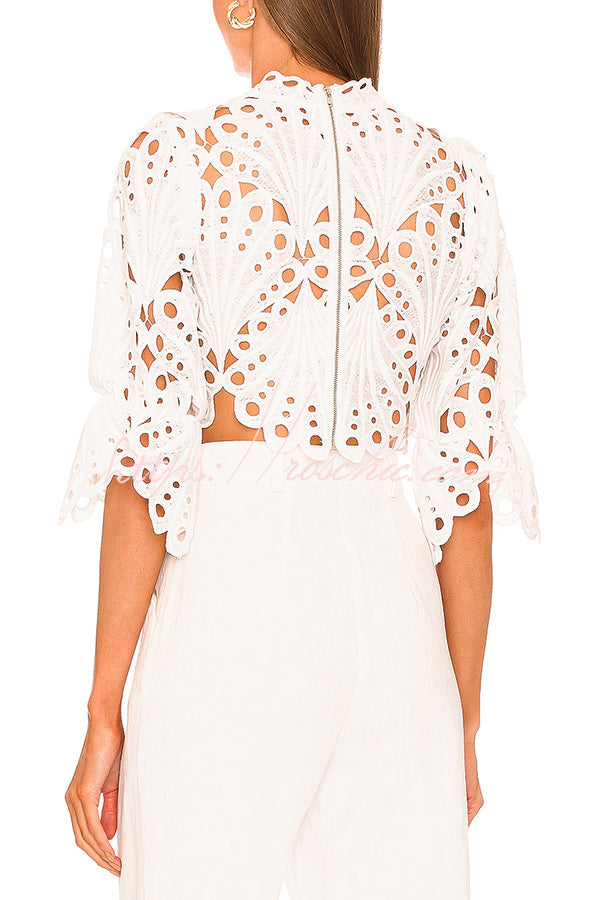 Embroidered Scallop Cutout High Neck Puff Sleeve Crop Top