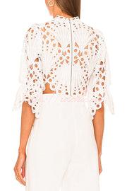 Embroidered Scallop Cutout High Neck Puff Sleeve Crop Top