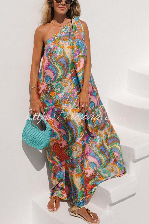 Satin One-Shoulder Maxi Dress – Rainbow Print Loose Fit