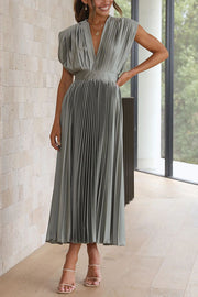 Satin Pleated Midi Dress – V-Neck Short Sleeve Party Dress