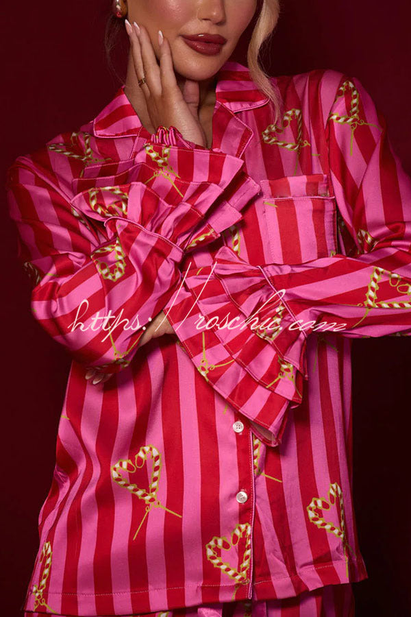 Candy Stripe Tiered Bell Cuff Pajama Set with Pockets
