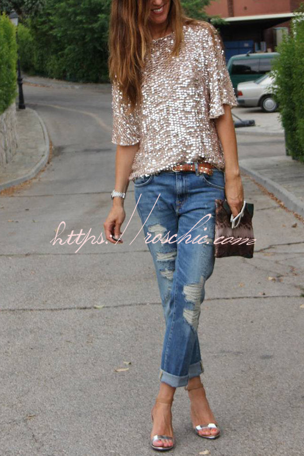 Women's Sequin Loose T-Shirt for Party & Casual Wear