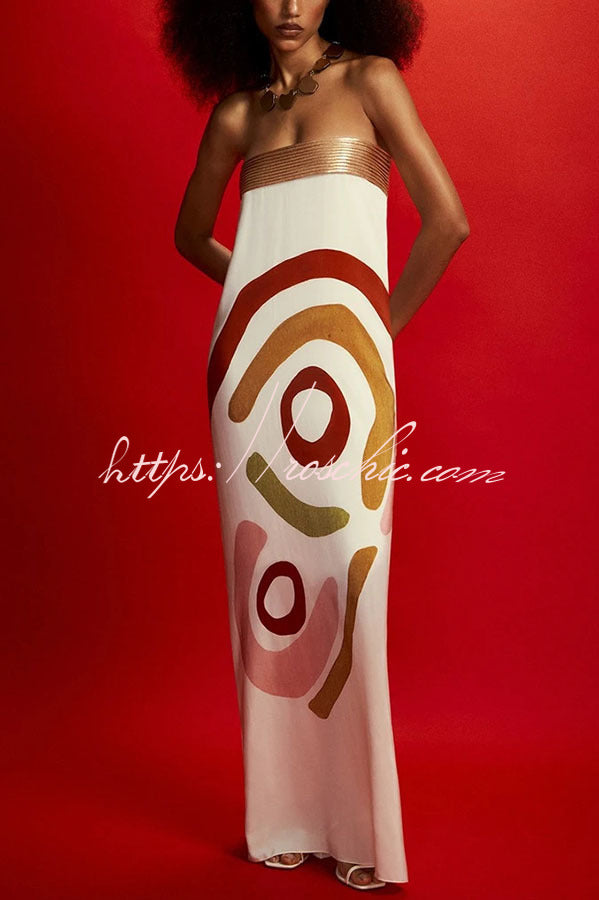Pleated Print Strapless Maxi Dress with Metal Collar