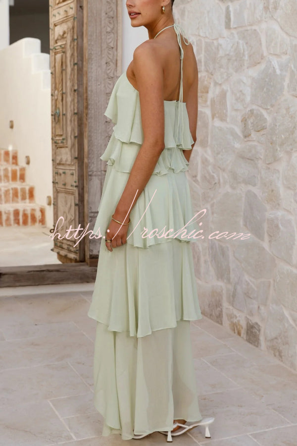 Chiffon Halter Neck Ruffle Maxi Dress – Loose Fit