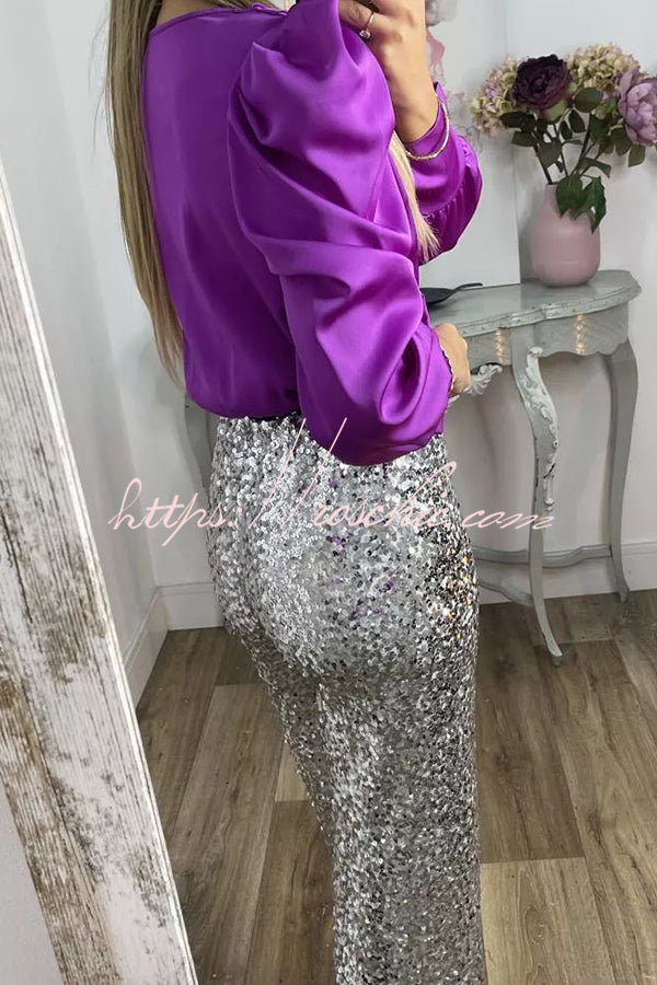 Sequin Wide Leg Pants High Rise Elastic Waist Party