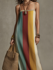 Boho Striped Color Block Maxi Dress with Spaghetti Straps