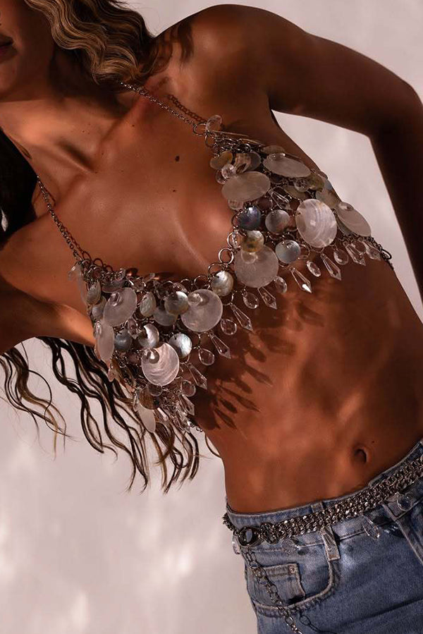 Collier chaîne de poitrine dos nu à paillettes en argent et or