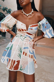 Linen Blend Puff Sleeve Mini Dress with Ric Rac Trims