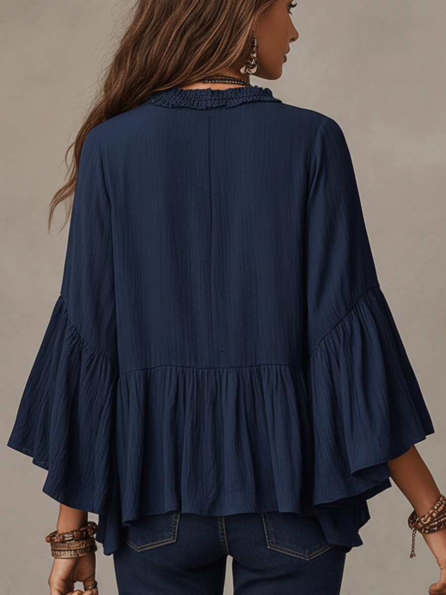 Deep Blue Ruffle Long Sleeve Boho Blouse