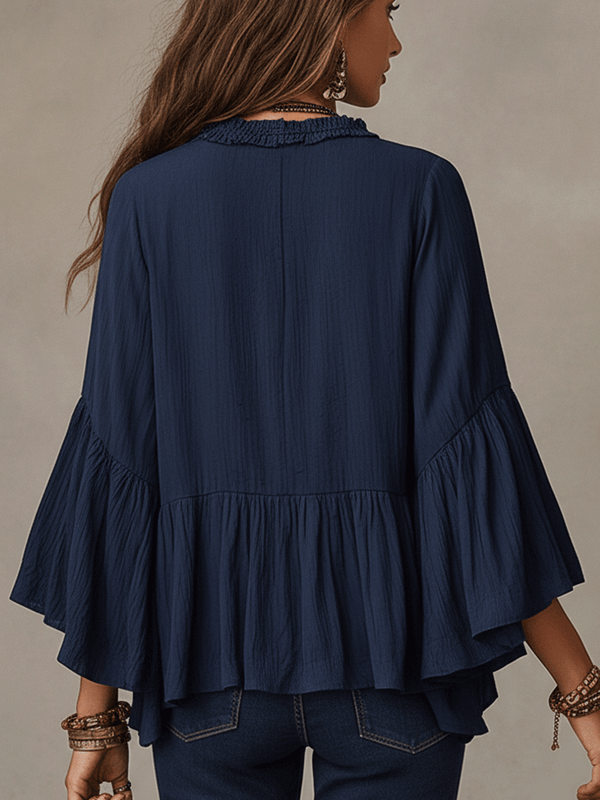 Deep Blue Ruffle Long Sleeve Boho Blouse
