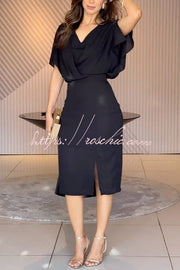 Chiffon Batwing Sleeve Midi Dress with Slit Detail
