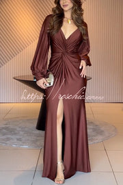 Satin Balloon Sleeve Twist Waist Maxi Dress with Slit