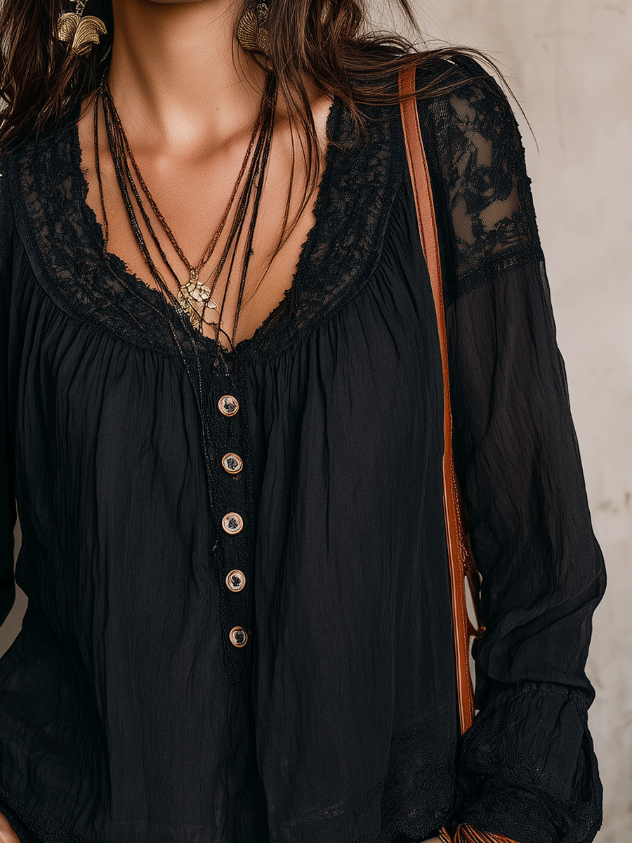 Black Lace Bell Sleeve Blouse | Bohemian Long Sleeve Top