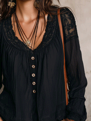 Black Lace Bell Sleeve Blouse | Bohemian Long Sleeve Top
