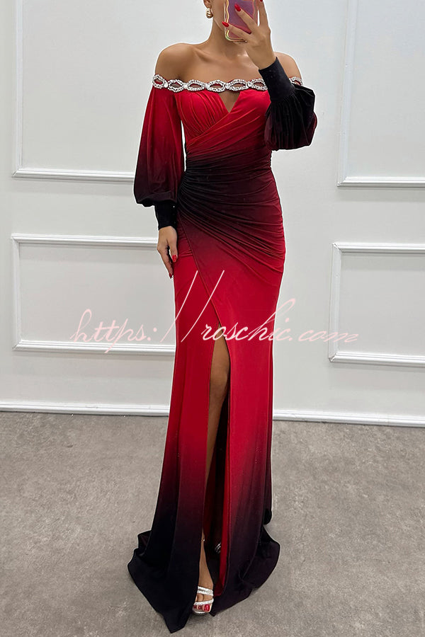 Gradient Print Off-Shoulder Maxi Gown with Gem Detail