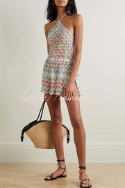 Knit Zigzag Halter Romper – Wide Leg Slit Loose Fit