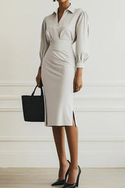 Lapel Long Sleeve Slim Waist Midi Dress