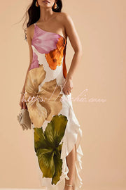 Floral Print One Shoulder Maxi Slip Dress with Side Ruffles