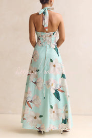 Robe longue dos nu à imprimé floral et col licou