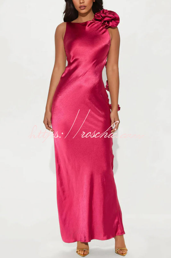 Satin Floral Embellished Backless Maxi Dress – Slim Fit