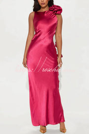 Satin Floral Embellished Backless Maxi Dress – Slim Fit