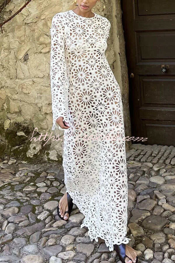 Crochet Knit Cutout Maxi Dress – Reversible Long Sleeve