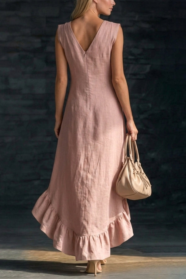 Linen Blend Maxi Dress | Sleeveless V-Neck Ruffled Hem