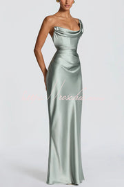 Robe longue plissée en satin à une épaule pour tenue de soirée
