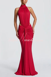 Stretch Slinky Jersey High Neck Ruched Backless Maxi Dress